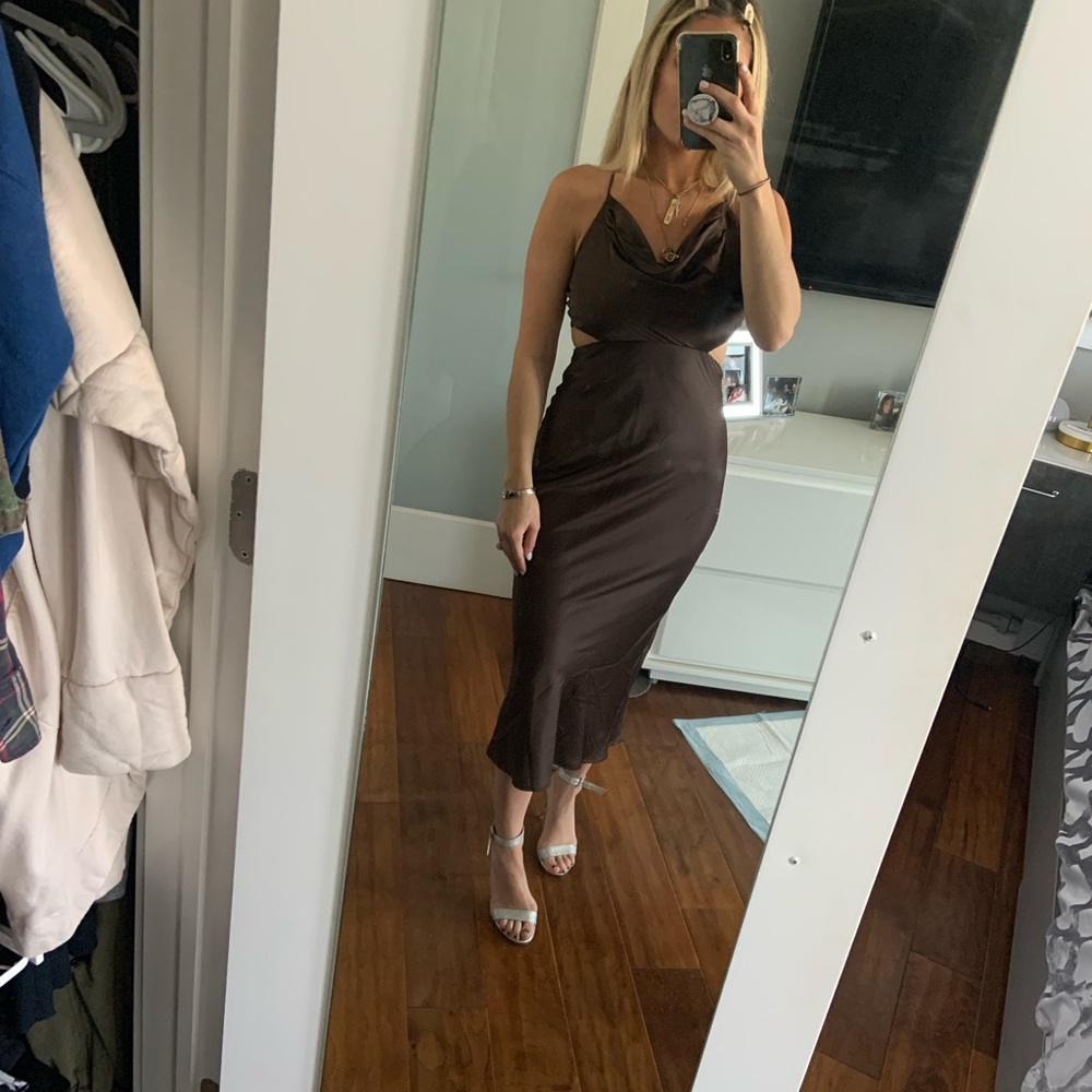 Never worn, new with tags Jaus chocolate brown open back slip dress